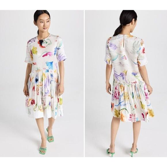 NWD ROSIE ASSOULIN Ebbs and Flows gathered floral linen mini dress Size 2 #2A501 - Picture 1 of 10